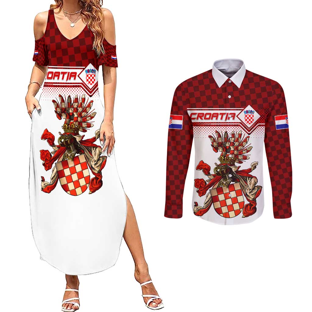 Personalized Croatia Couples Matching Summer Maxi Dress and Long Sleeve Button Shirt Vintage Coat Of Arms