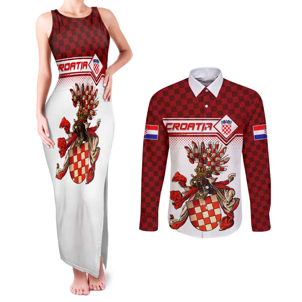 Personalized Croatia Couples Matching Tank Maxi Dress and Long Sleeve Button Shirt Vintage Coat Of Arms