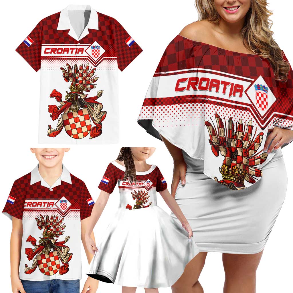 Personalized Croatia Family Matching Off Shoulder Short Dress and Hawaiian Shirt Vintage Coat Of Arms - Wonder Print Shop