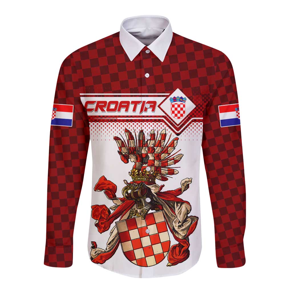 Long-sleeve button shirt, red checkered, white front with Croatia text and coat of arms