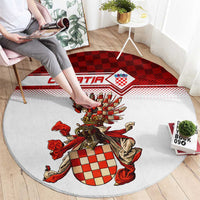 Round rug featuring Croatia logo band and coat of arms crest in red and white