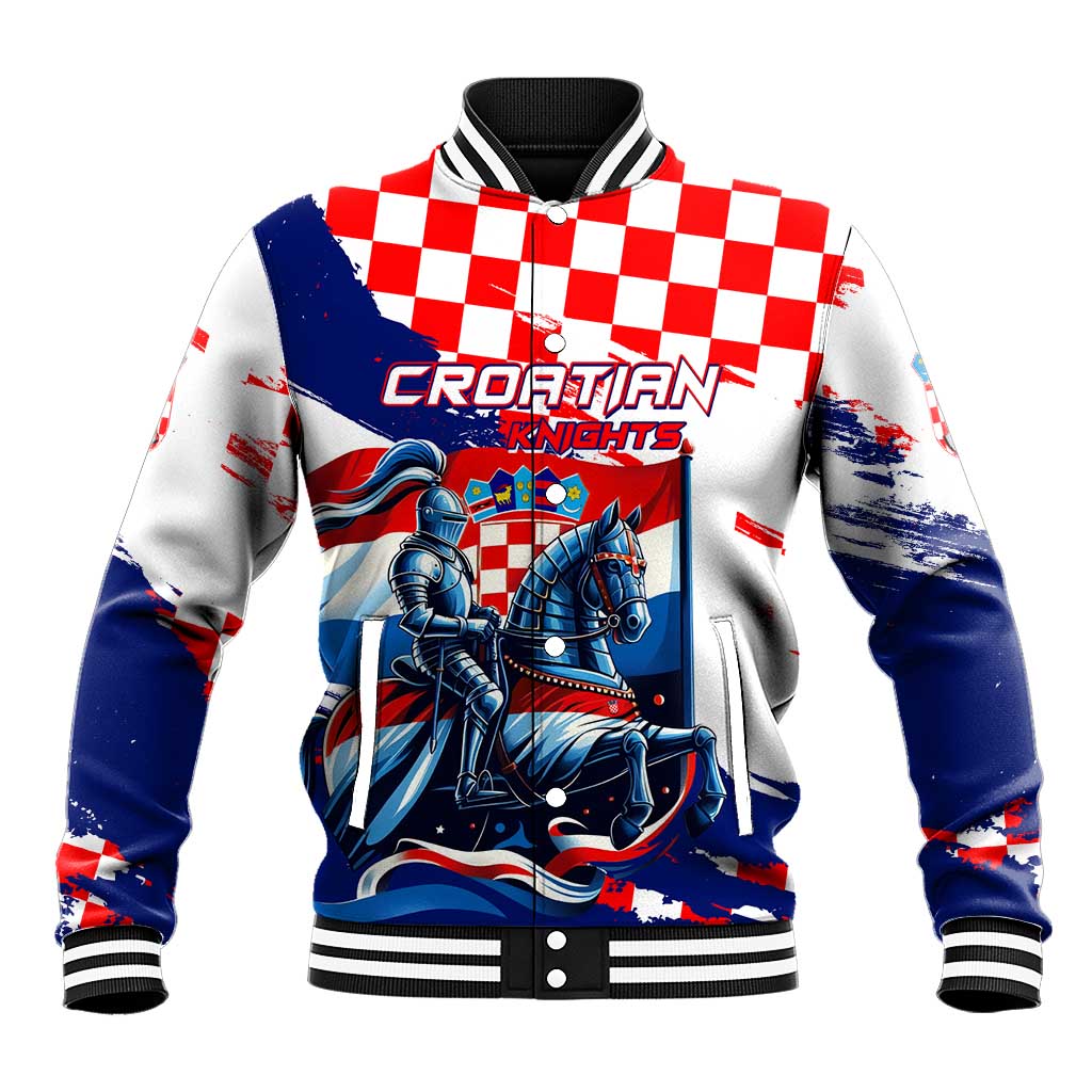 Baseball jacket with checkered red/white panel, blue knight graphic, varsity collar