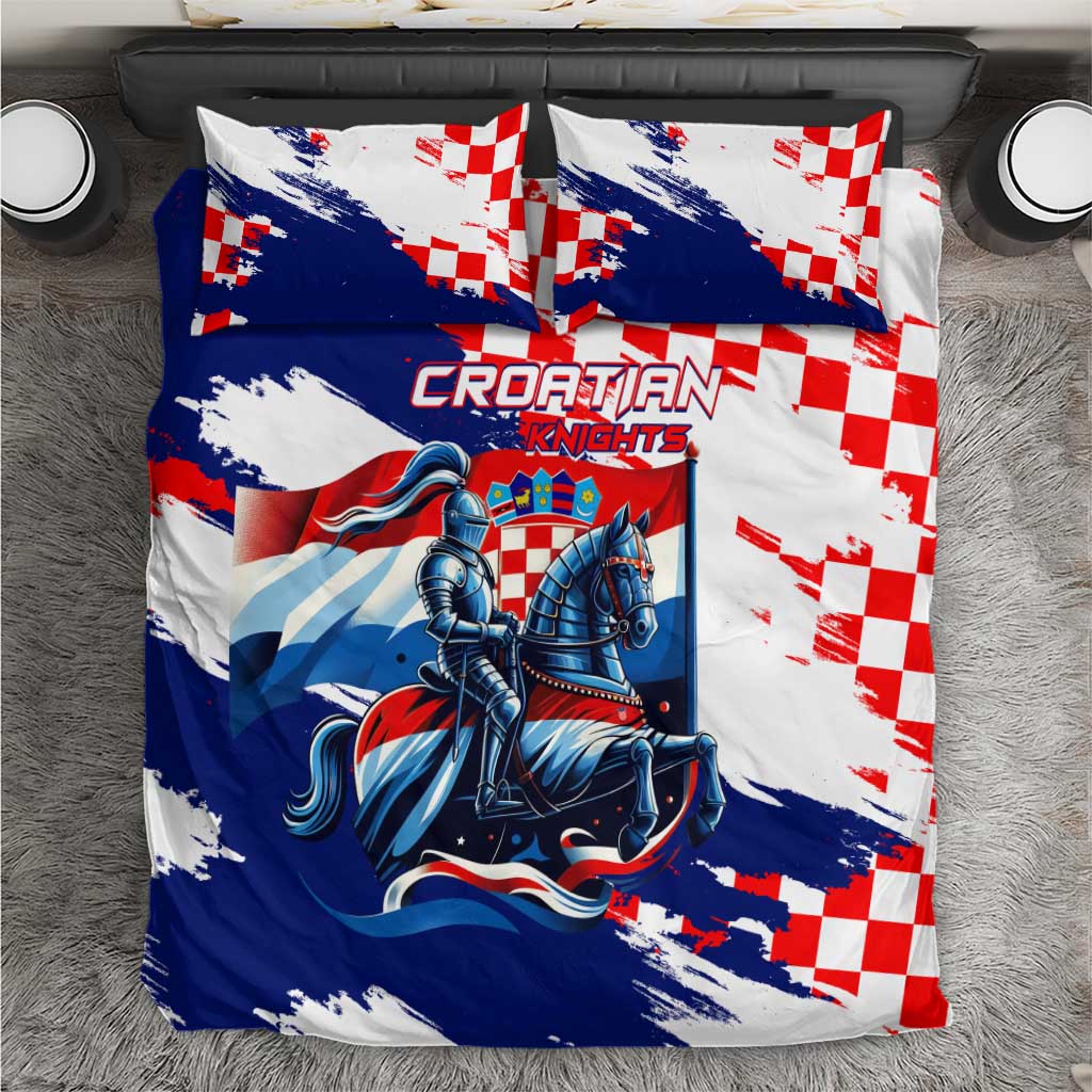 Blue, white, and red knight bedding set with checkered flag design and two pillow shams