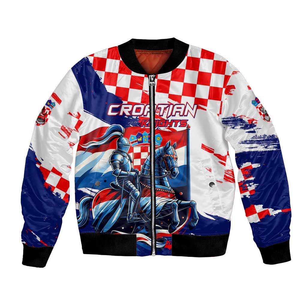 White bomber jacket with navy sleeves, red-white checker yoke, knight graphic, zip front