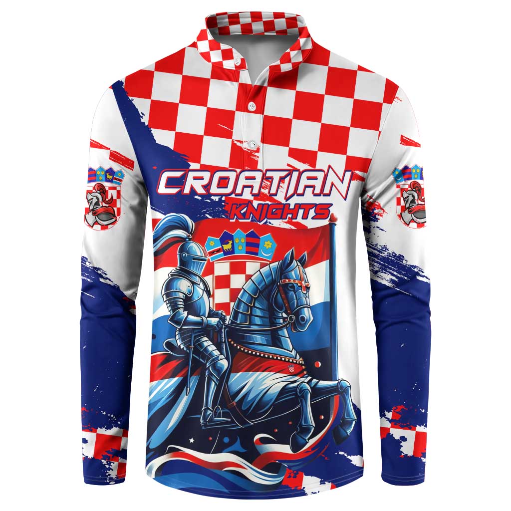 Button front sweatshirt with red-and-white checkered collar and blue knight graphic