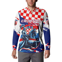 Mens button front sweatshirt with blue knight artwork and red-white checkered yoke