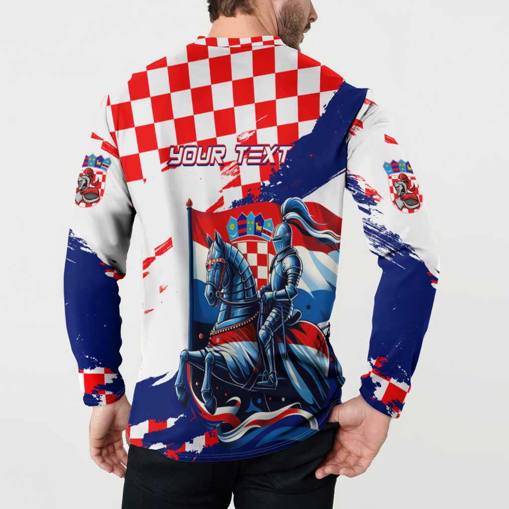 Back button front sweatshirt with knight crest graphic and red-white checkered shoulder panels