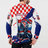 Back button front sweatshirt with knight crest graphic and red-white checkered shoulder panels