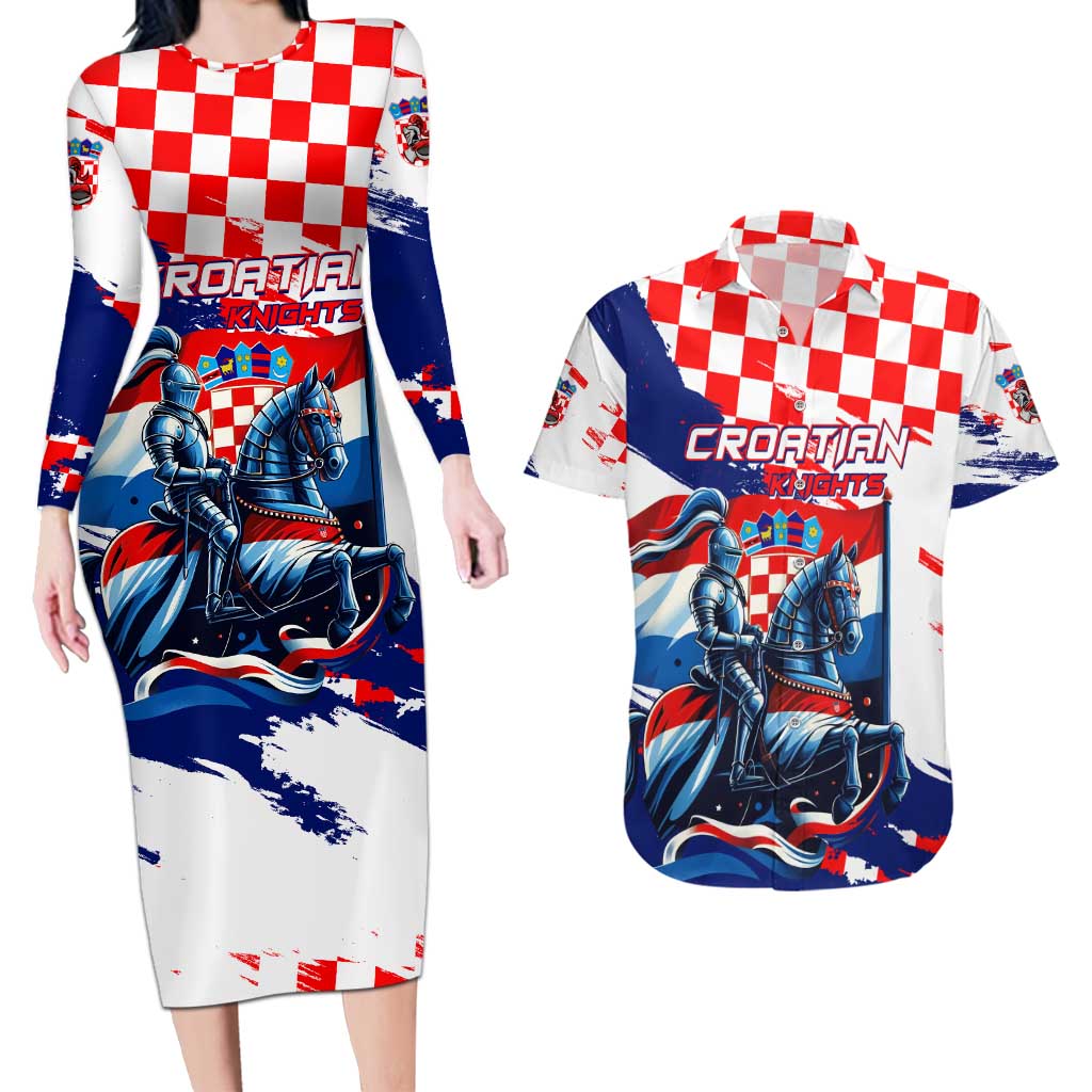 Personalized Croatian Knights Couples Matching Long Sleeve Bodycon Dress and Hawaiian Shirt Hrvatska Coat Of Arms