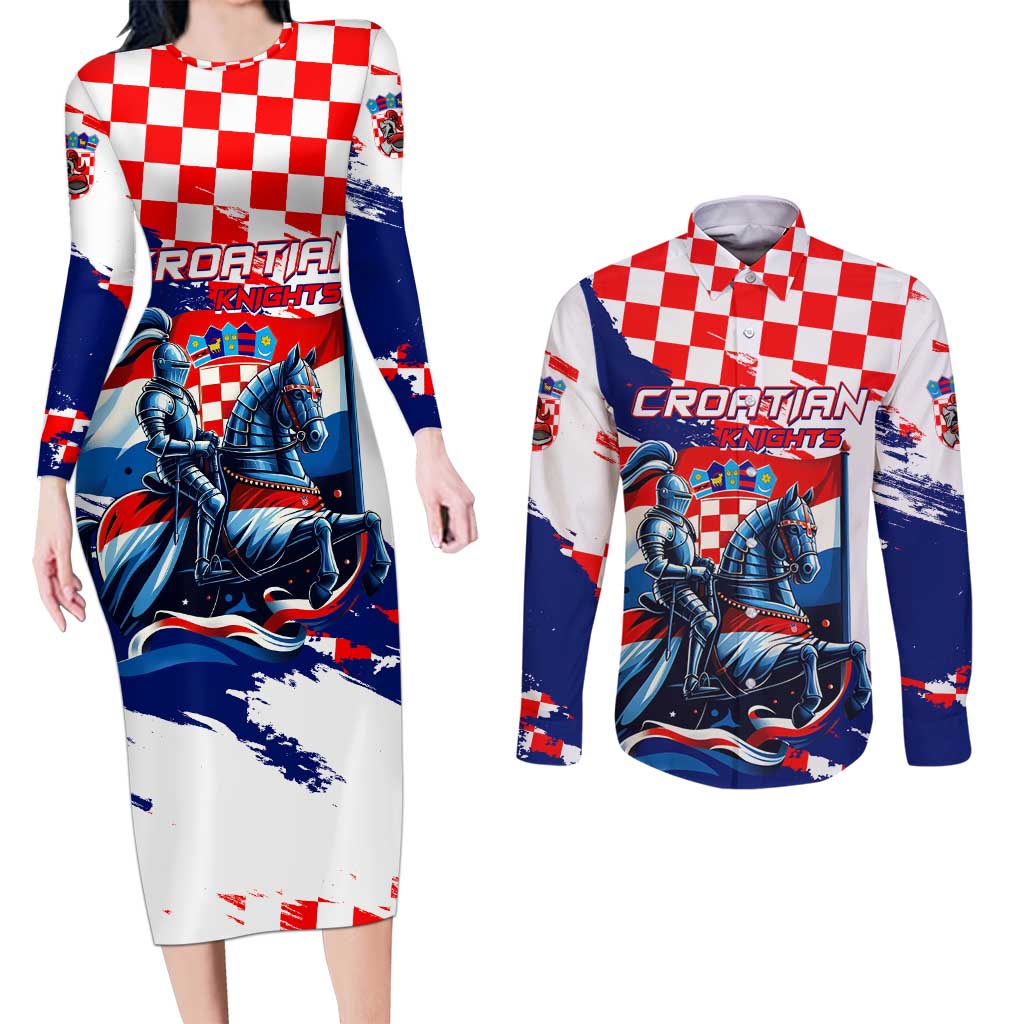 Personalized Croatian Knights Couples Matching Long Sleeve Bodycon Dress and Long Sleeve Button Shirt Hrvatska Coat Of Arms