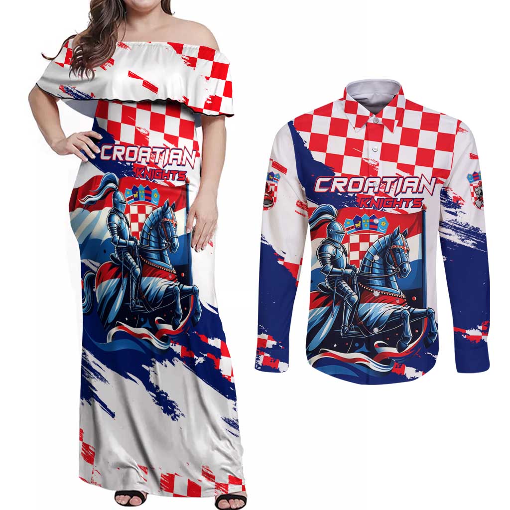 Personalized Croatian Knights Couples Matching Off Shoulder Maxi Dress and Long Sleeve Button Shirt Hrvatska Coat Of Arms