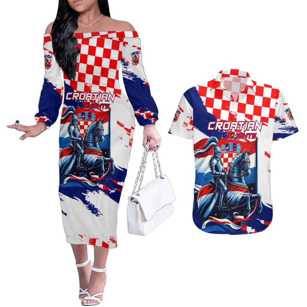 Personalized Croatian Knights Couples Matching Off The Shoulder Long Sleeve Dress and Hawaiian Shirt Hrvatska Coat Of Arms