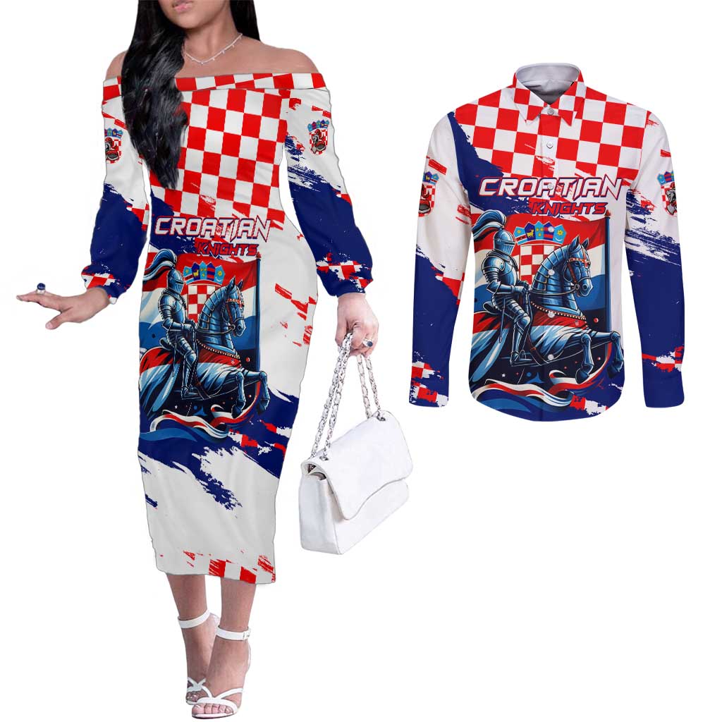 Personalized Croatian Knights Couples Matching Off The Shoulder Long Sleeve Dress and Long Sleeve Button Shirt Hrvatska Coat Of Arms