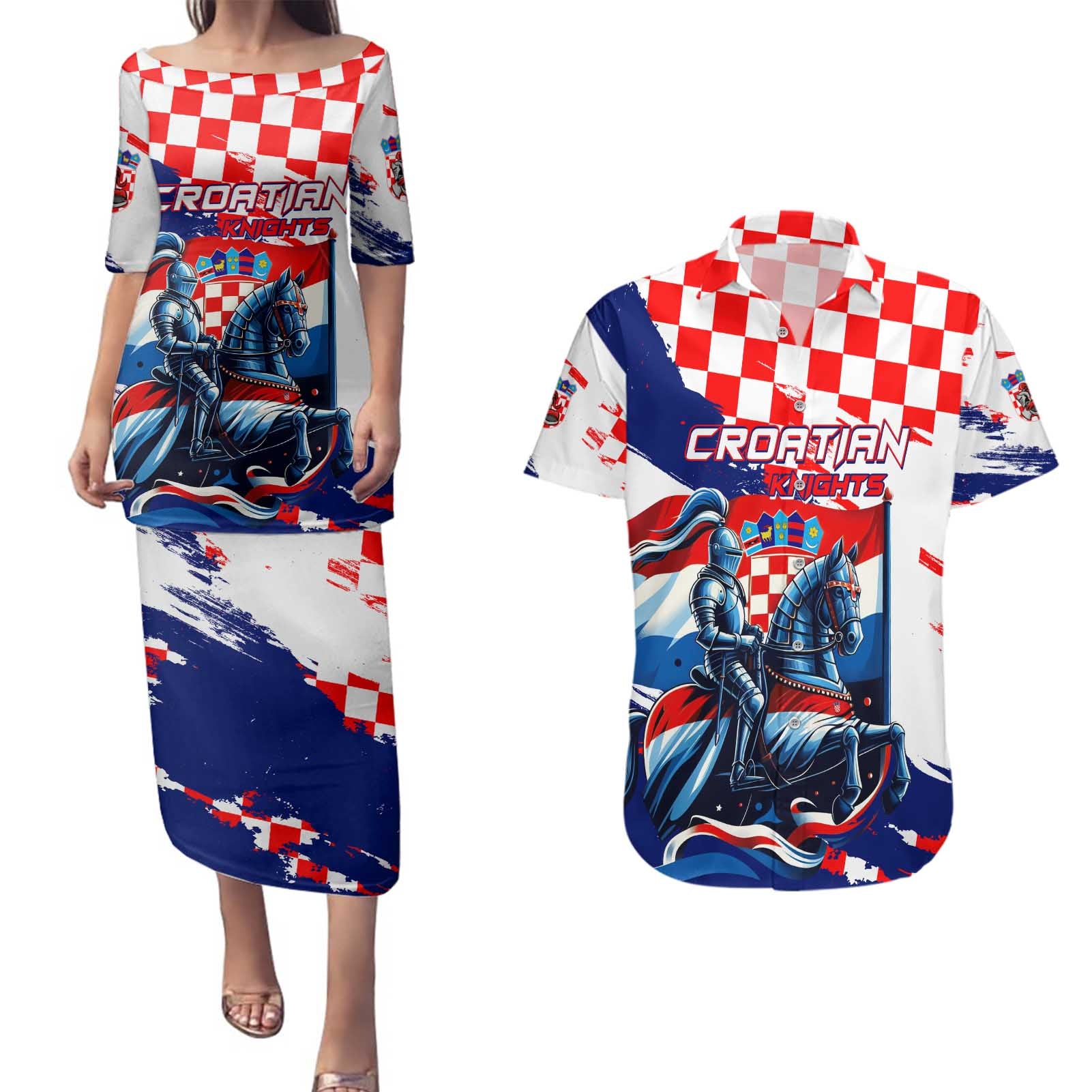 Personalized Croatian Knights Couples Matching Puletasi and Hawaiian Shirt Hrvatska Coat Of Arms