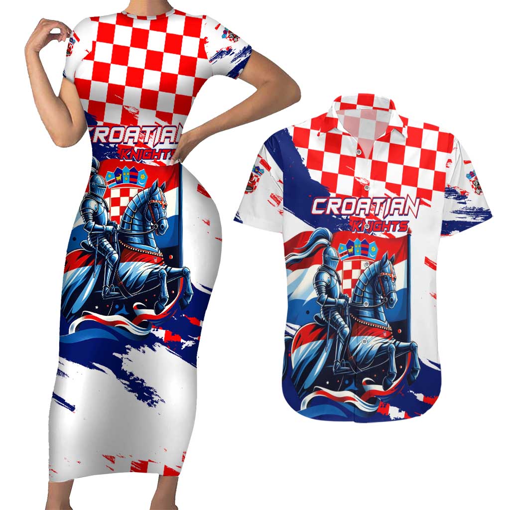 Personalized Croatian Knights Couples Matching Short Sleeve Bodycon Dress and Hawaiian Shirt Hrvatska Coat Of Arms