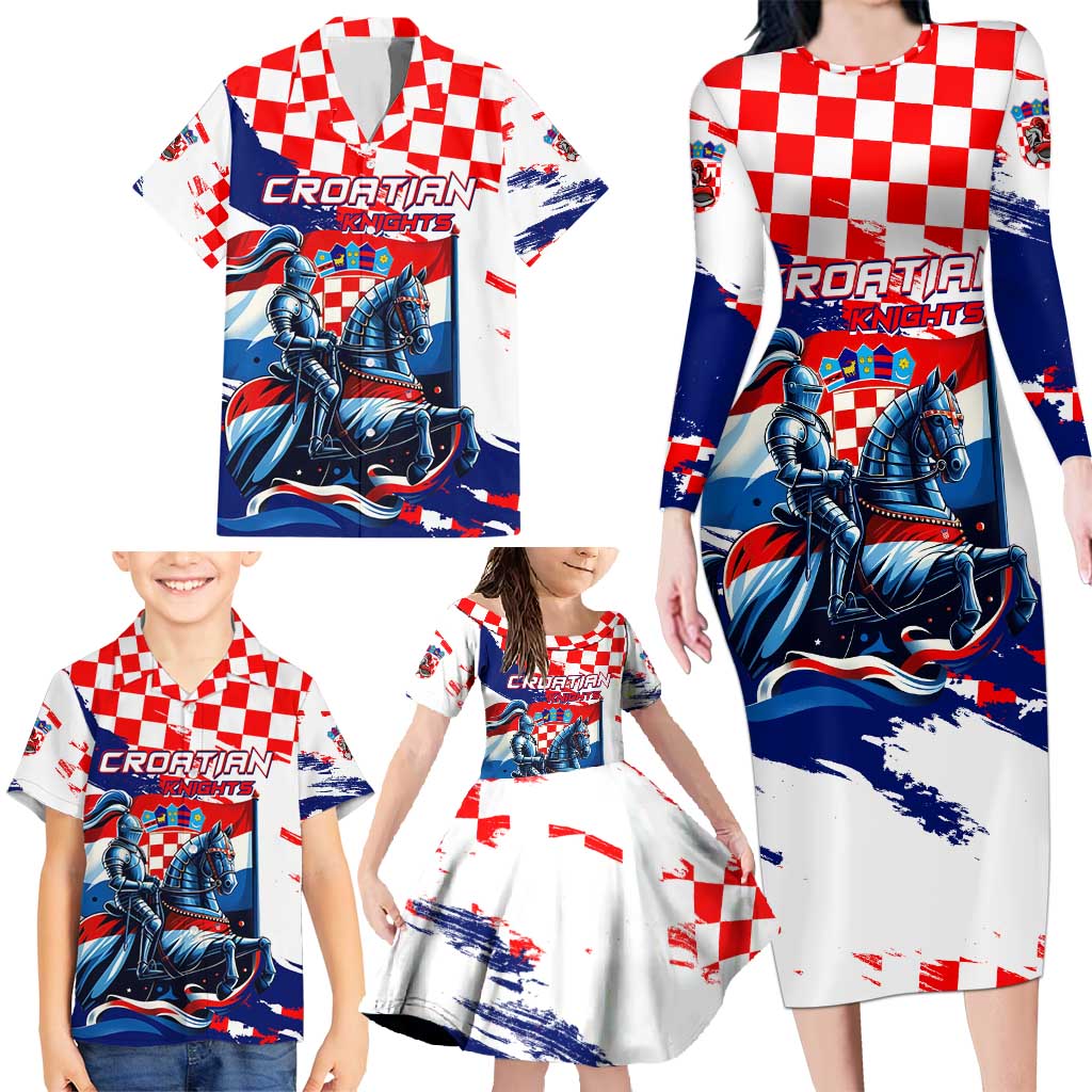 Personalized Croatian Knights Family Matching Long Sleeve Bodycon Dress and Hawaiian Shirt Hrvatska Coat Of Arms