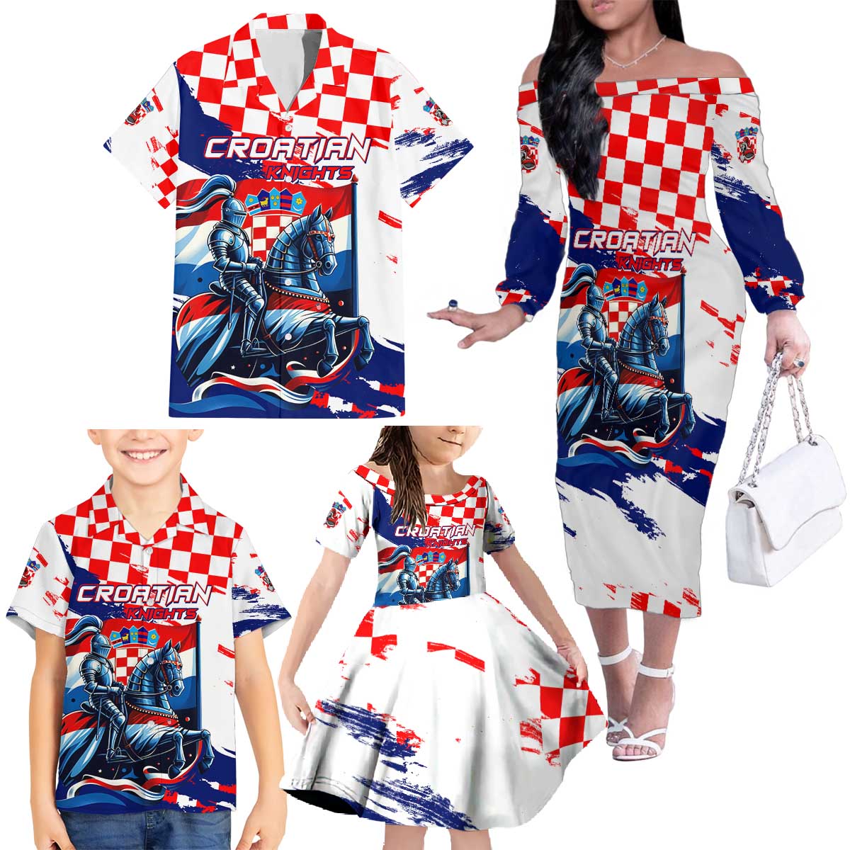 Personalized Croatian Knights Family Matching Off The Shoulder Long Sleeve Dress and Hawaiian Shirt Hrvatska Coat Of Arms