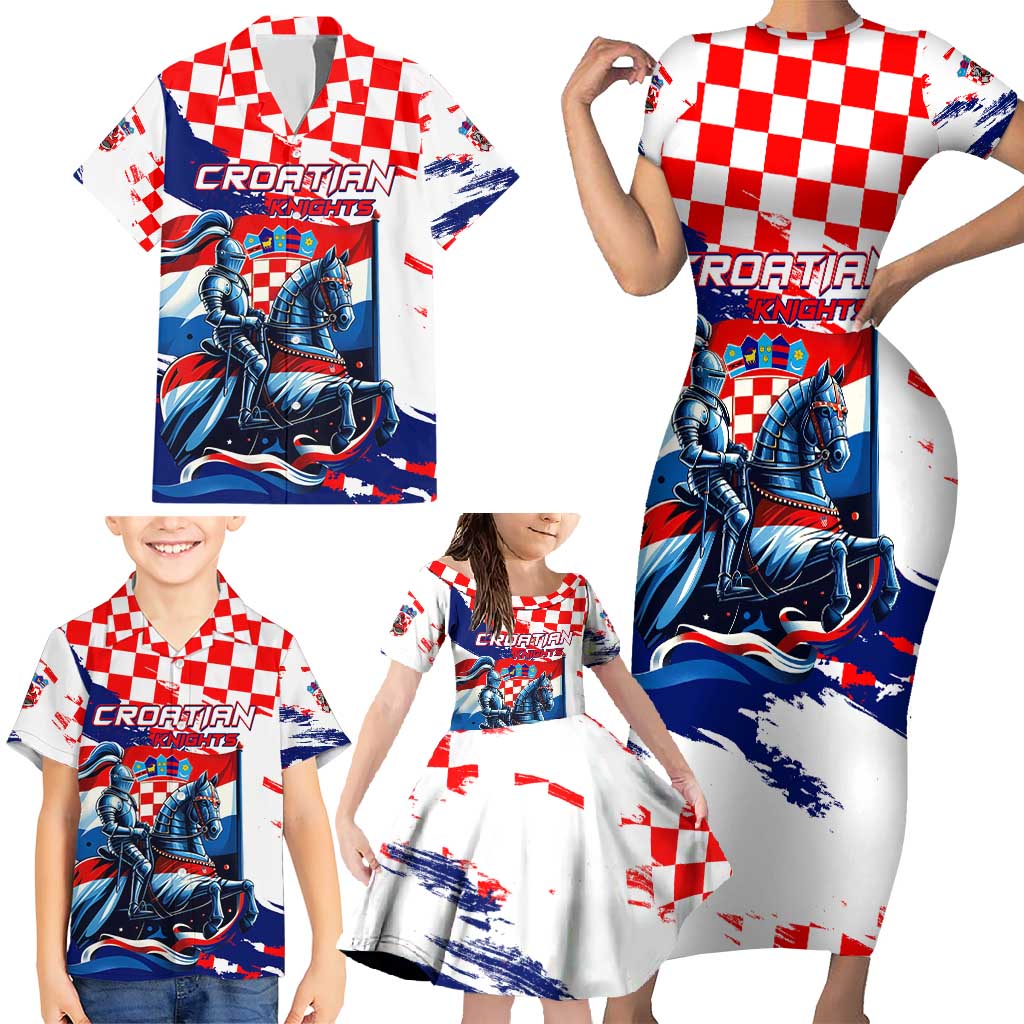 Personalized Croatian Knights Family Matching Short Sleeve Bodycon Dress and Hawaiian Shirt Hrvatska Coat Of Arms