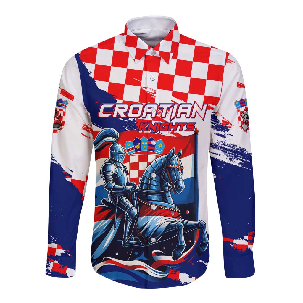 White long-sleeve button shirt with red check placket and blue knight graphic