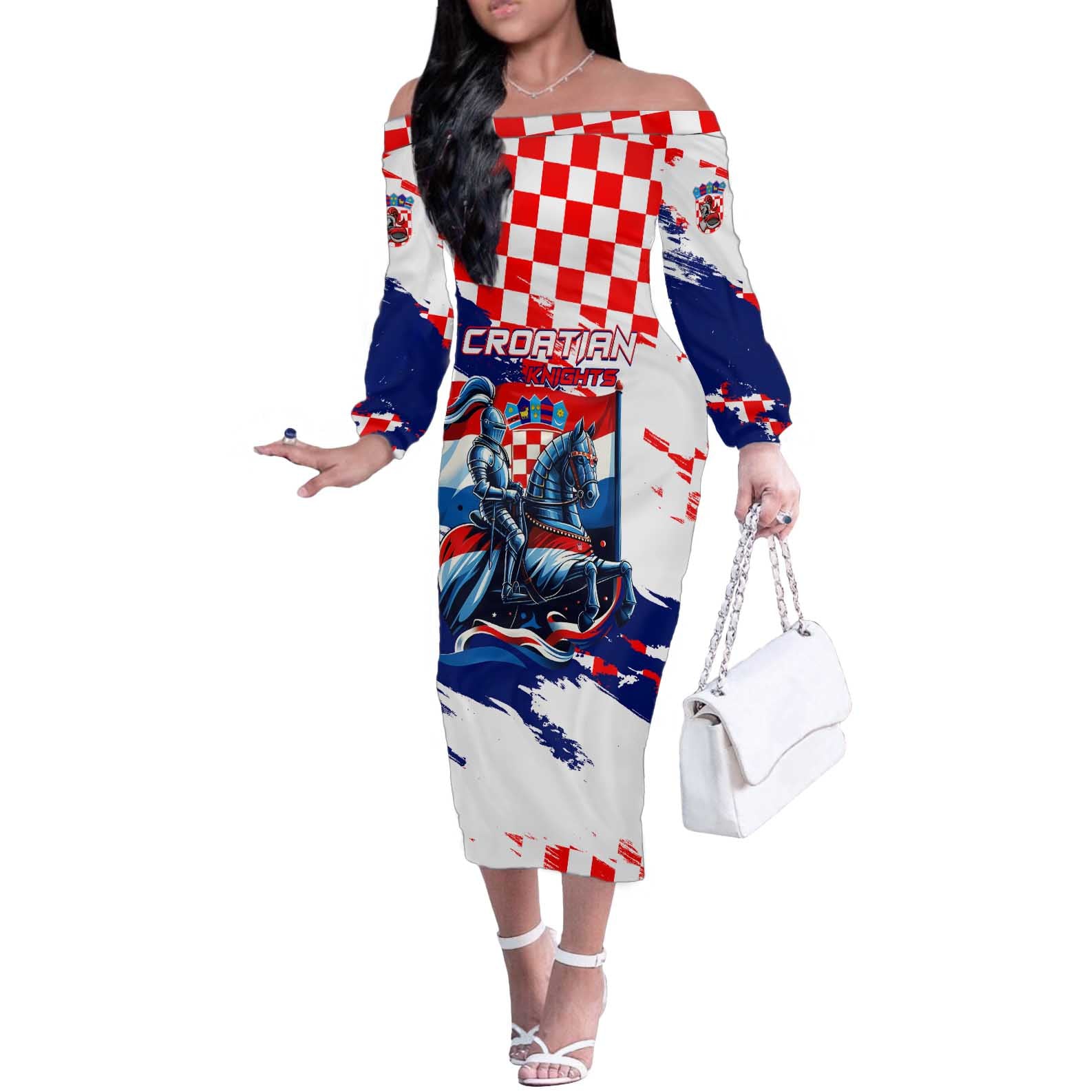 Personalized Croatian Knights Off The Shoulder Long Sleeve Dress Hrvatska Coat Of Arms