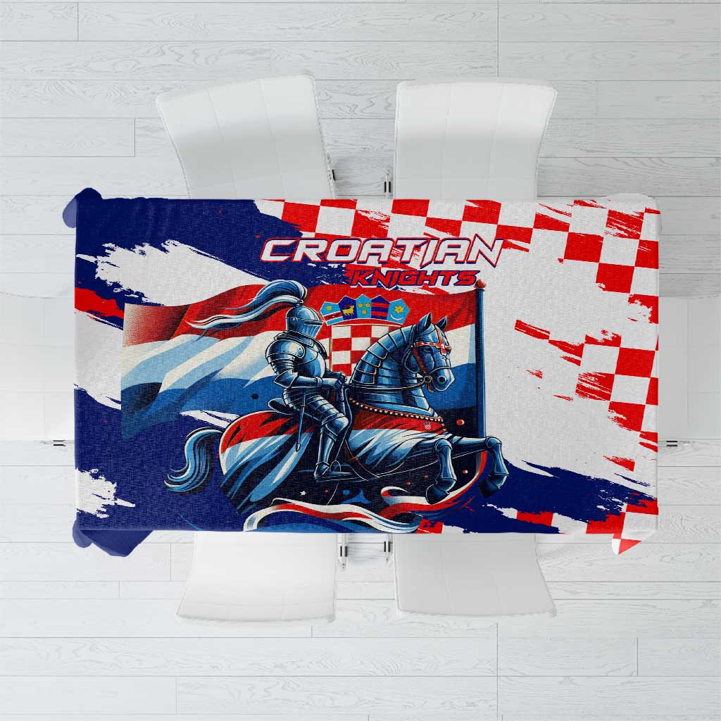 Rectangular tablecloth with blue, red, and white knight graphic and checkered pattern