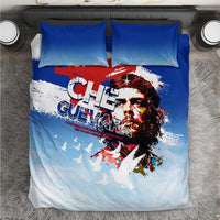 Blue bedding set with Che Guevara portrait graphic and matching pillowcases
