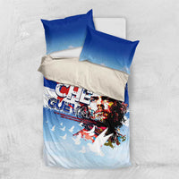 Blue and white bedding set with Che Guevara portrait graphic on the duvet