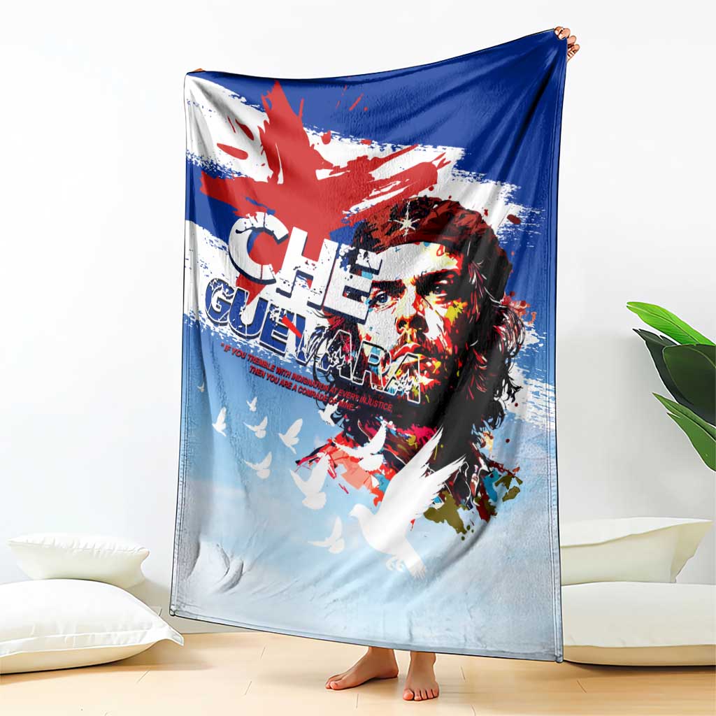 Cuba Che Guevara blanket draped, blue and light blue with Che face graphic and doves
