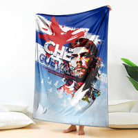Cuba Che Guevara blanket draped, blue and light blue with Che face graphic and doves