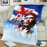 Cuba Che Guevara blanket on armchair, blue-and-red Che portrait over light blue background