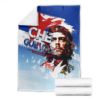 Cuba Che Guevara blanket with folded white stack, light blue with Che portrait and doves