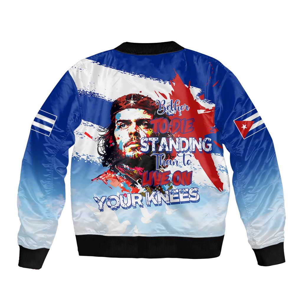 Unisex blue bomber jacket with ribbed cuffs and back Che-style graphic text
