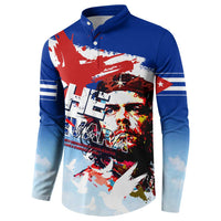Blue button sweatshirt with large revolutionary portrait graphic and red-white splatter
