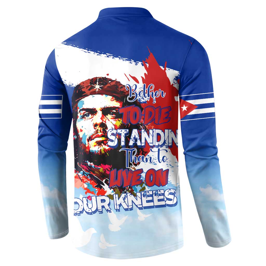 Blue button sweatshirt with back portrait graphic, slogan text, and red flag accents
