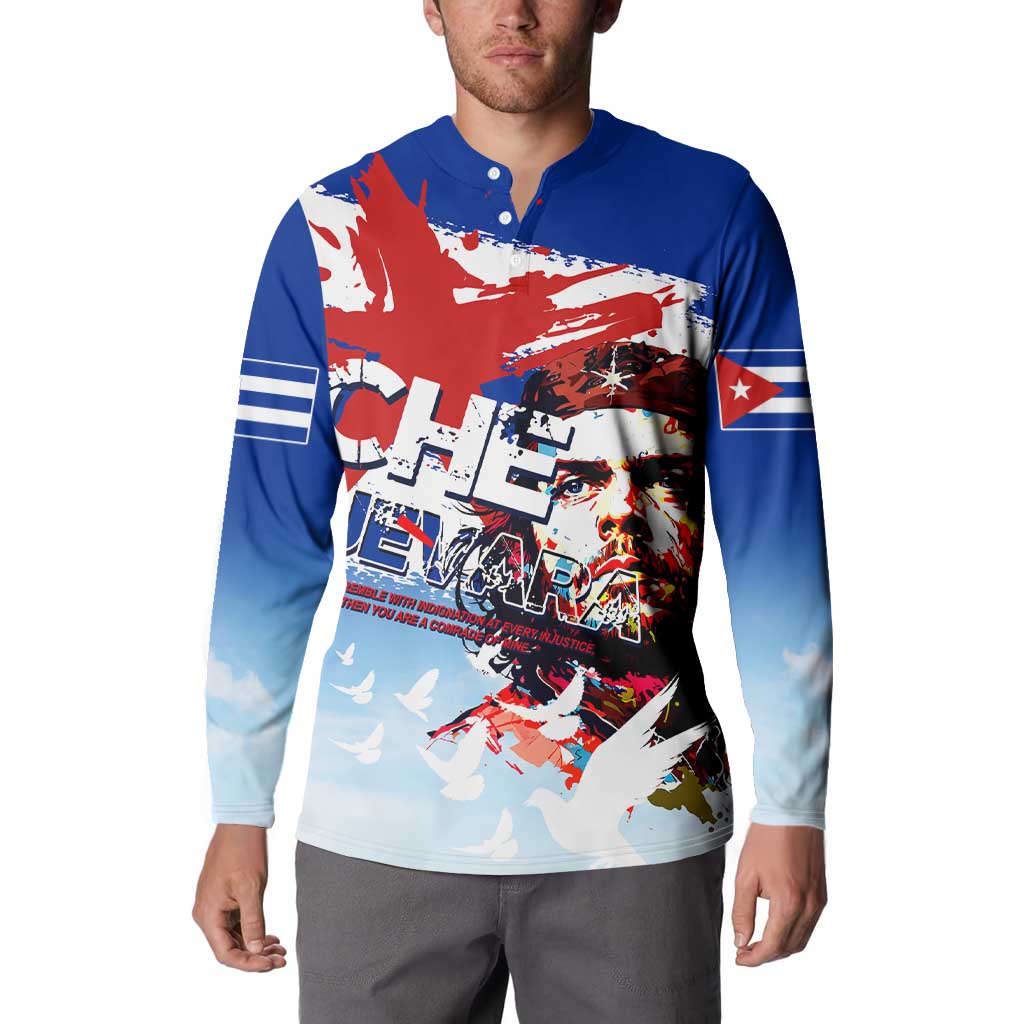Blue button sweatshirt on model, front portrait graphic with red-white splatter details