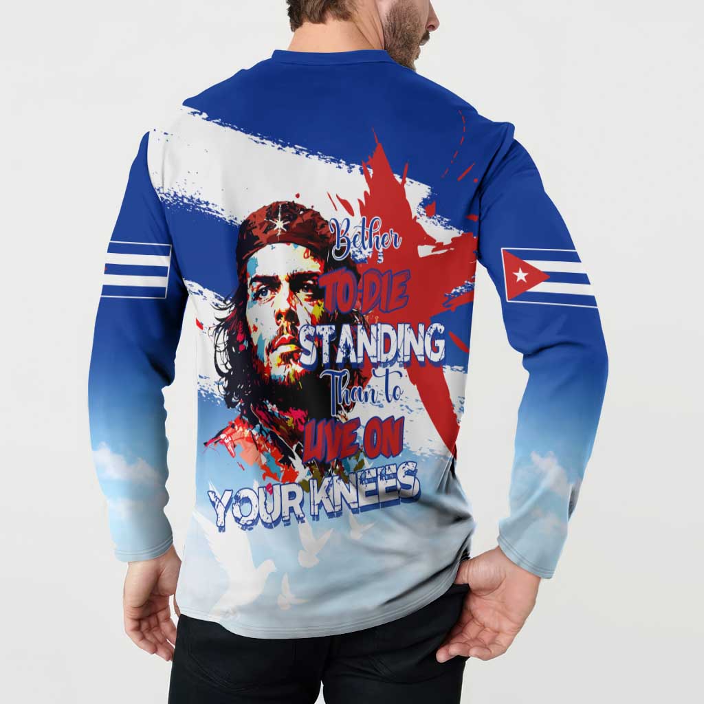 Blue button sweatshirt on model, back portrait graphic with slogan text and red flag