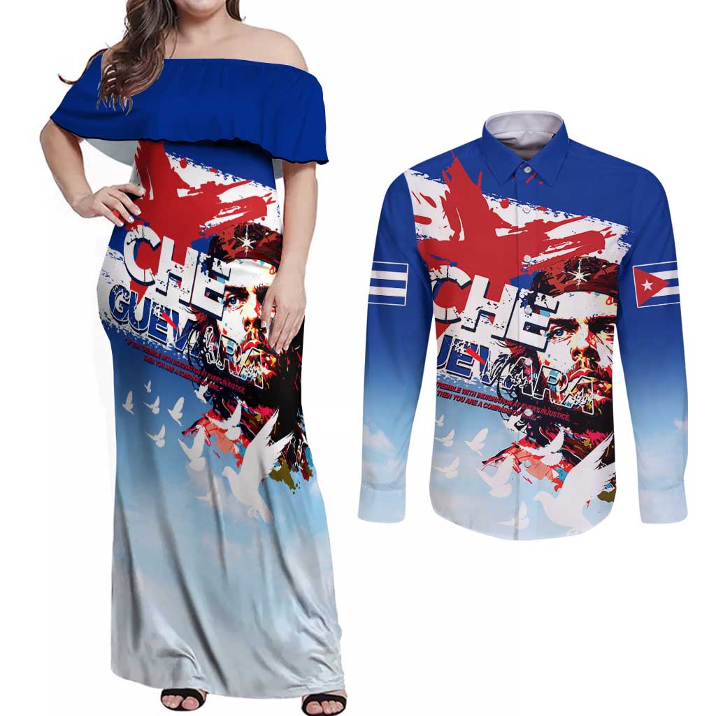 Cuba Che Guevara Couples Matching Off Shoulder Maxi Dress and Long Sleeve Button Shirt Cuban Revolution - Wonder Print Shop