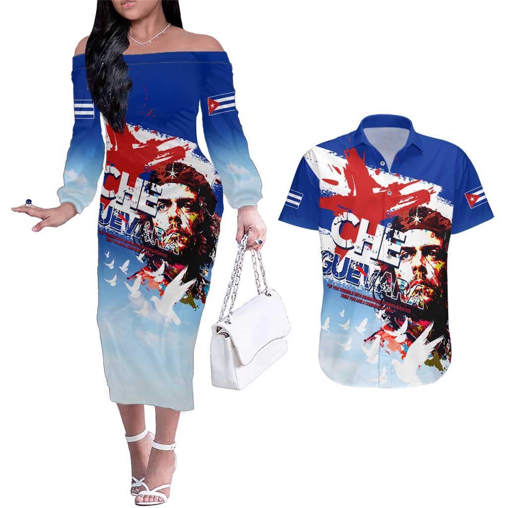 Cuba Che Guevara Couples Matching Off The Shoulder Long Sleeve Dress and Hawaiian Shirt Cuban Revolution - Wonder Print Shop