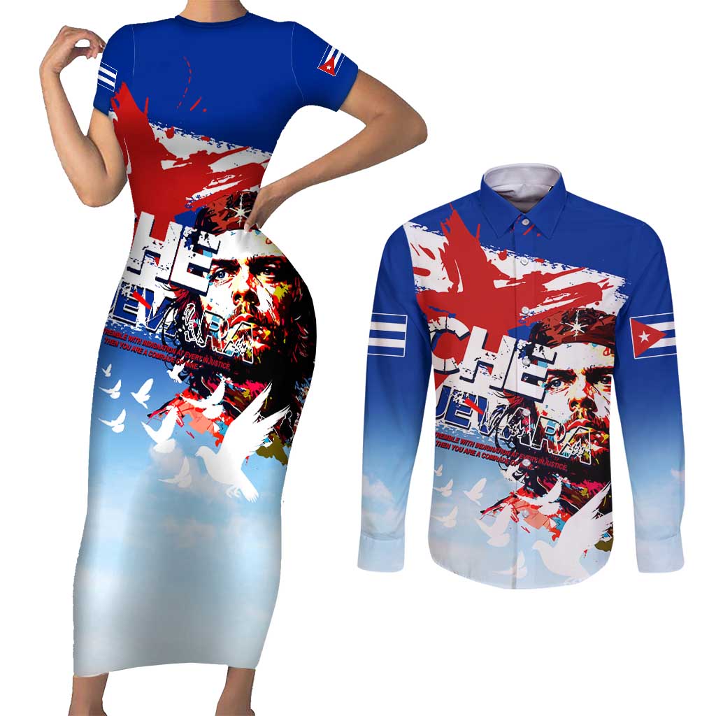 Cuba Che Guevara Couples Matching Short Sleeve Bodycon Dress and Long Sleeve Button Shirt Cuban Revolution - Wonder Print Shop