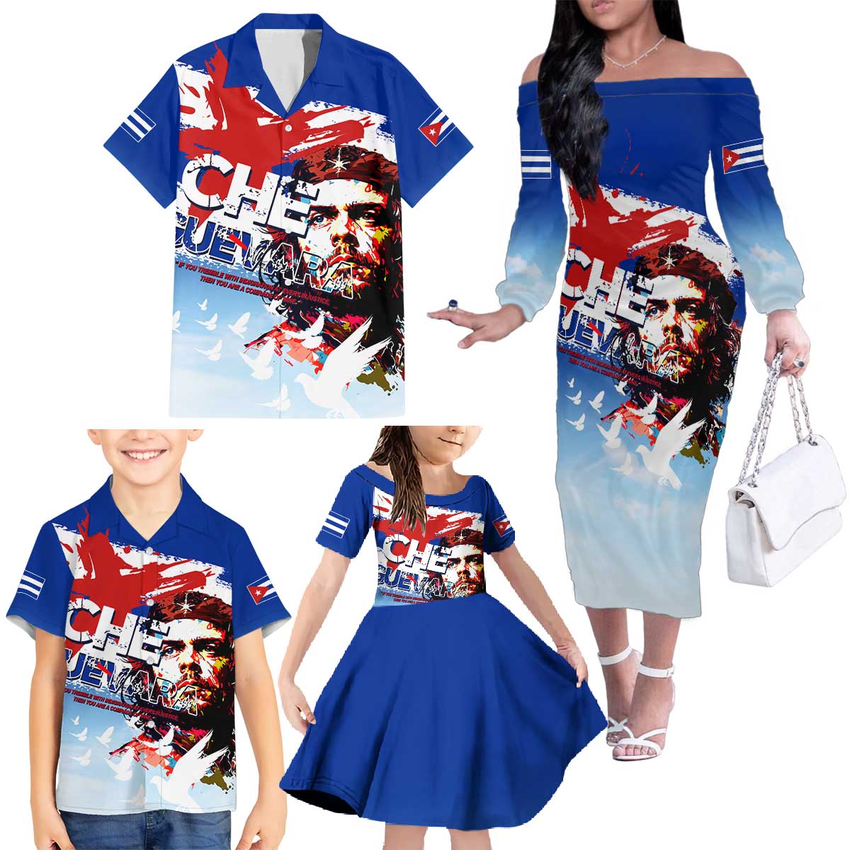 Cuba Che Guevara Family Matching Off The Shoulder Long Sleeve Dress and Hawaiian Shirt Cuban Revolution - Wonder Print Shop