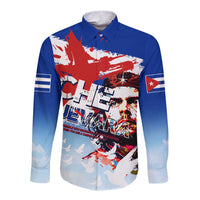 Long-sleeve button shirt with bold Che Guevara-style front graphic, blue collar