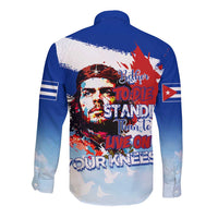 Long-sleeve button shirt with large Che Guevara-style back graphic, blue and white