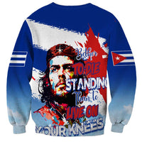 Blue crewneck sweatshirt with Che-themed red-white back graphic and Cuban flag sleeve prints