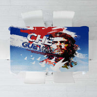 Blue tablecloth with Che Guevara style portrait print and distressed flag design.