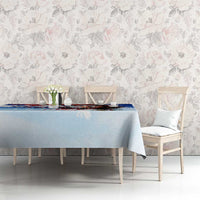 Blue dining tablecloth with Che Guevara portrait graphic, distressed paint effect.