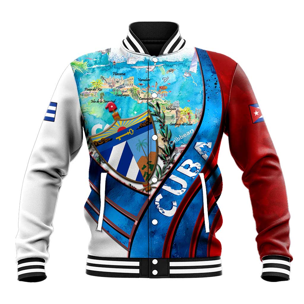 Multicolor baseball jacket with Cuban map print, striped ribbed collar, snap front
