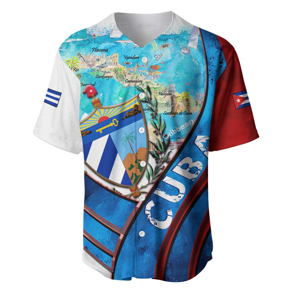 Coat Of Arms Cuba Baseball Jersey Caribbean Cuban Map - Wonder Print Shop