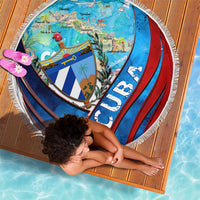Round fringed beach blanket, colorful Caribbean map artwork with red and blue stripes