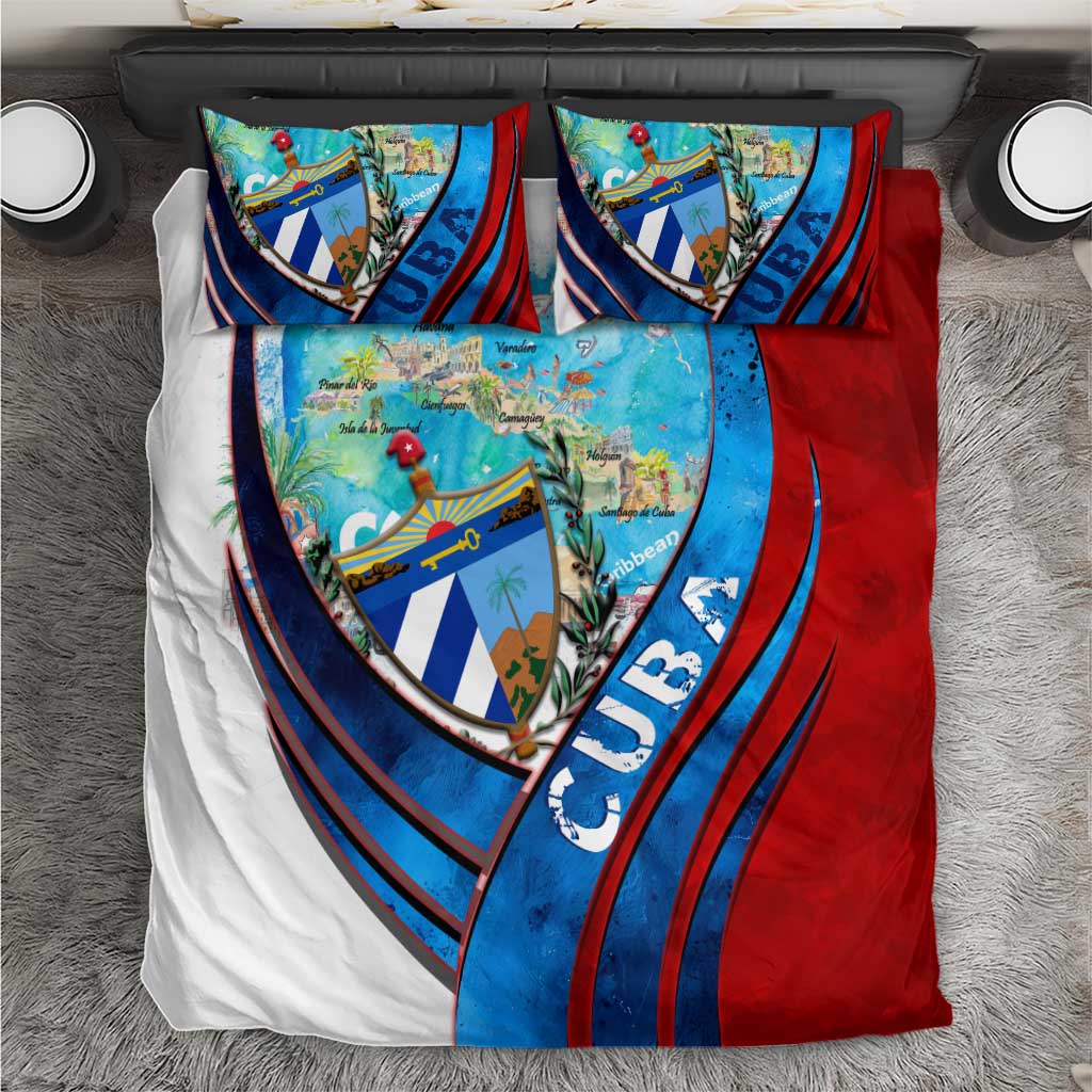 Cuba map duvet cover and pillowcases with blue/red shield and stripe print