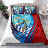 Cuba map bedding set with two pillowcases, blue and red shield and banner print